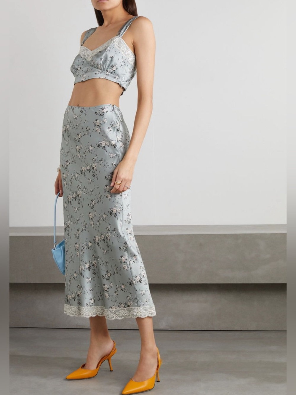Reformation Beatrice Lace-Trimmed Floral-Print Silk-Charmeuse Top &Skirt Set